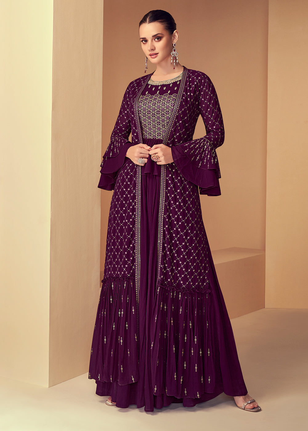 Byzantine Purple Georgette Designer Embroidered Suit with Long Jacket