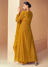 Load image into Gallery viewer, Mustard Yellow Georgette Designer Embroidered Suit with Long Jacket