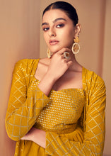 Load image into Gallery viewer, Mustard Yellow Georgette Designer Embroidered Suit with Long Jacket