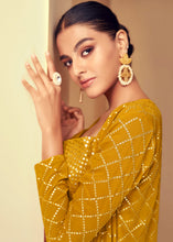Load image into Gallery viewer, Mustard Yellow Georgette Designer Embroidered Suit with Long Jacket