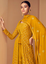 Load image into Gallery viewer, Mustard Yellow Georgette Designer Embroidered Suit with Long Jacket