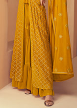 Load image into Gallery viewer, Mustard Yellow Georgette Designer Embroidered Suit with Long Jacket