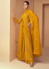 Load image into Gallery viewer, Mustard Yellow Georgette Designer Embroidered Suit with Long Jacket
