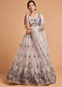 Pinkish Grey Designer Soft Net Lehenga Choli with Thread, Dori, Zari & Sequins work