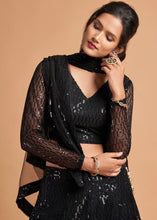 Load image into Gallery viewer, Pebble Black Designer Soft Net Lehenga Choli with Thread &amp; Sequins work