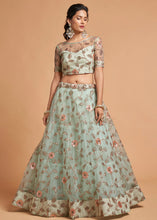 Load image into Gallery viewer, Sky Blue Designer Soft Net Lehenga Choli with Zari, Dori &amp; Multiple Sequins Embroidery work