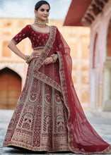 Laden Sie das Bild in den Galerie-Viewer, Maroon Red Velvet Lehenga Choli Having Heavy Embroidery &amp; Hand work: Bridal Edition