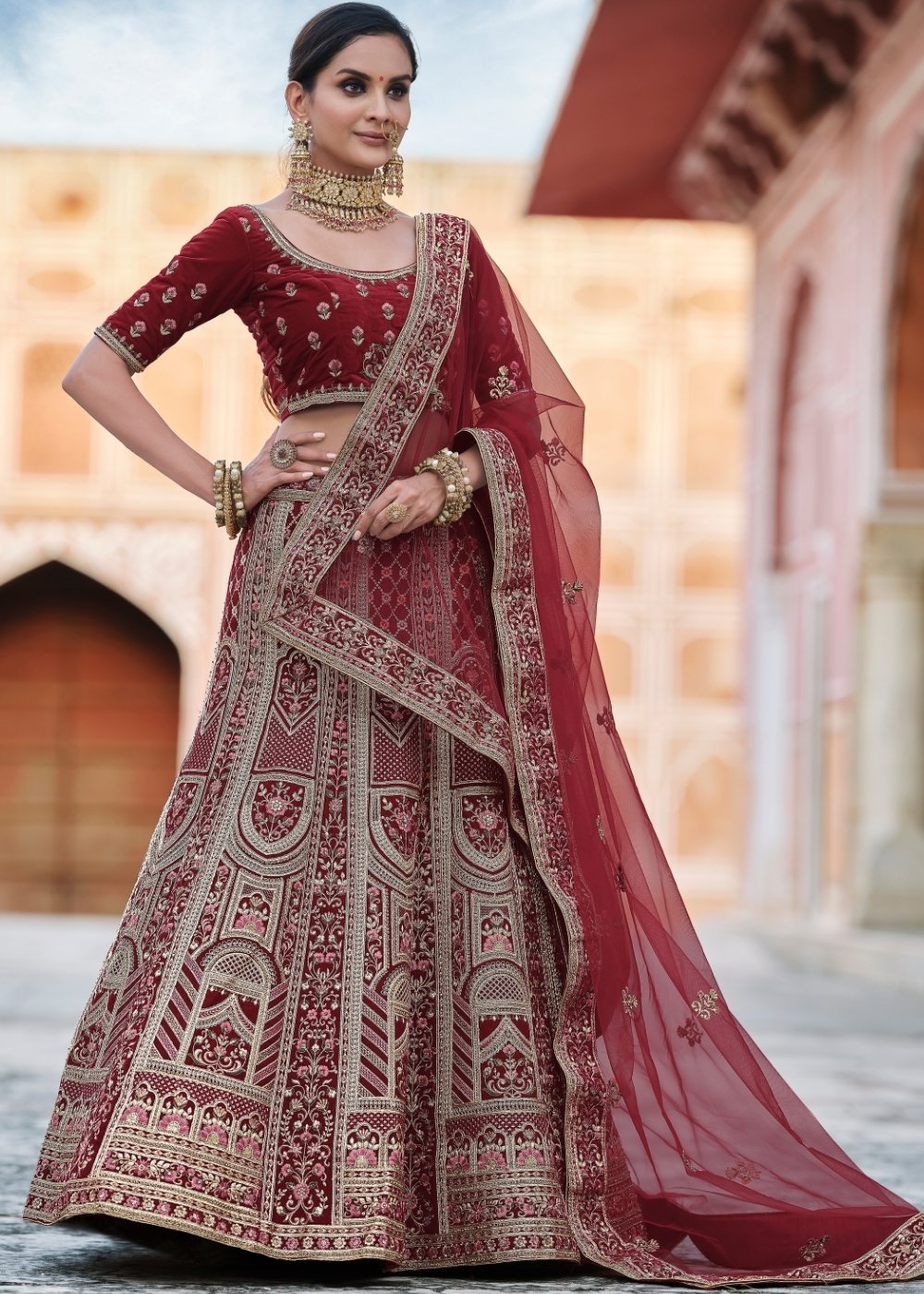 Maroon Red Velvet Lehenga Choli Having Heavy Embroidery & Hand work: Bridal Edition