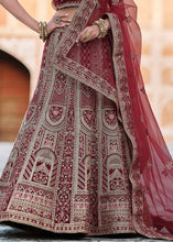 Laden Sie das Bild in den Galerie-Viewer, Maroon Red Velvet Lehenga Choli Having Heavy Embroidery &amp; Hand work: Bridal Edition