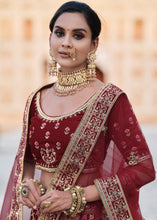 Laden Sie das Bild in den Galerie-Viewer, Maroon Red Velvet Lehenga Choli Having Heavy Embroidery &amp; Hand work: Bridal Edition