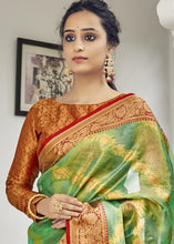 Load image into Gallery viewer, Clover Green Woven Tissue Silk Saree with Banarasi Border &amp; Pallu