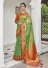 Load image into Gallery viewer, Clover Green Woven Tissue Silk Saree with Banarasi Border &amp; Pallu