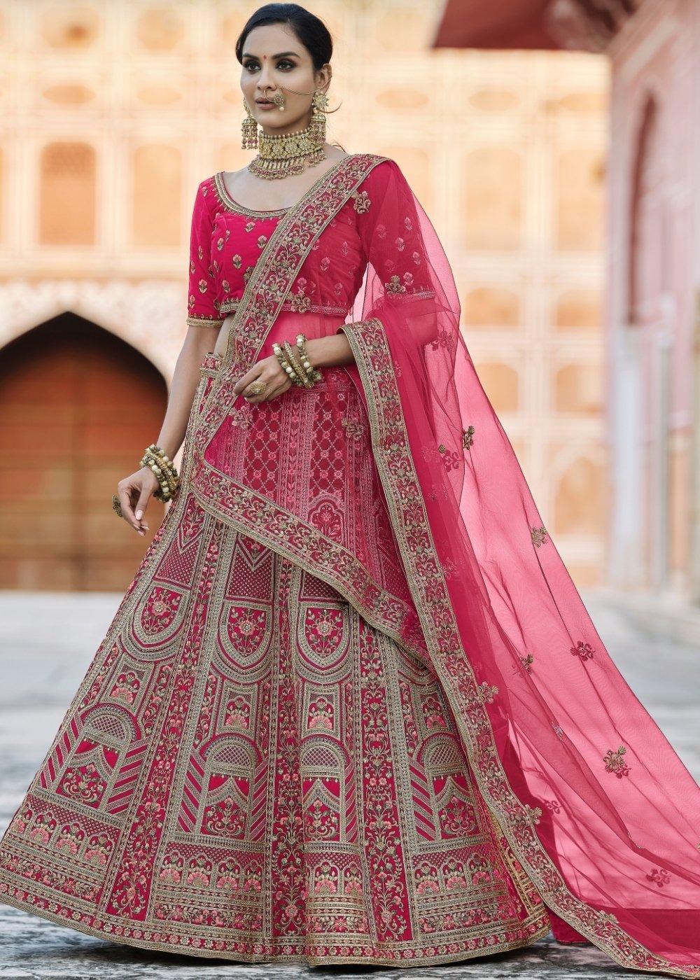 Cerise Pink Velvet Lehenga Choli Having Heavy Embroidery & Hand work: Bridal Edition