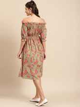 Load image into Gallery viewer, Off shoulder printed midi dress with front tie up