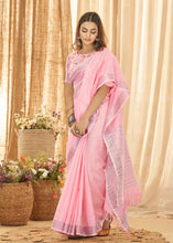 Load image into Gallery viewer, Carnation Pink Soft Linen Saree with Zari Border &amp; Khadi Printed Blouse