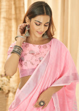 Load image into Gallery viewer, Carnation Pink Soft Linen Saree with Zari Border &amp; Khadi Printed Blouse