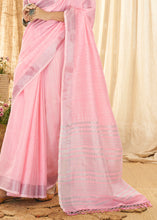 Load image into Gallery viewer, Carnation Pink Soft Linen Saree with Zari Border &amp; Khadi Printed Blouse