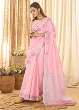 Load image into Gallery viewer, Carnation Pink Soft Linen Saree with Zari Border &amp; Khadi Printed Blouse