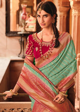 Load image into Gallery viewer, Light Teal Blue Woven Banarasi Silk Saree with Embroidered Blouse