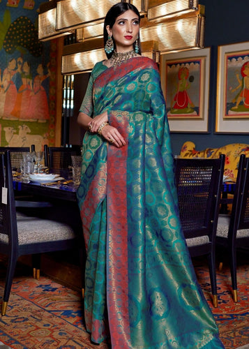 Peacock Blue Kanjivaram Woven Silk Saree