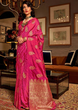 Load image into Gallery viewer, Ruby Pink Satin Woven Silk Saree with overall Golden Buti