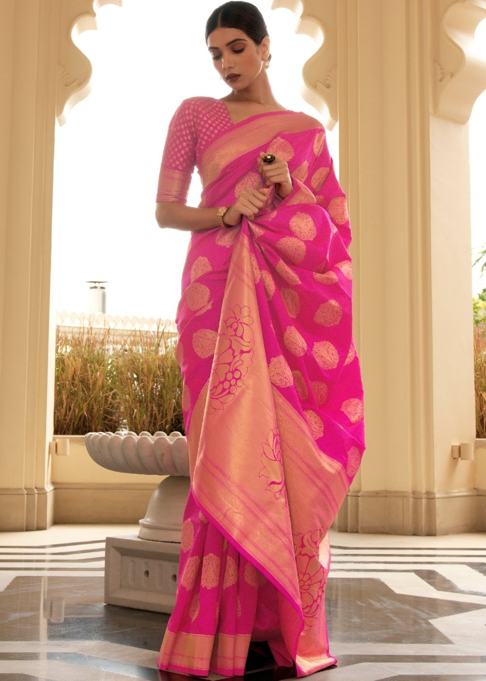 Hot Pink Woven Soft Kanjivaram Silk Saree with overall Butti work