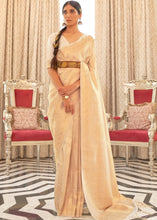 Laden Sie das Bild in den Galerie-Viewer, Parchment White &amp; Golden Zari Woven Kanjivaram Silk Saree with Tassels on Pallu