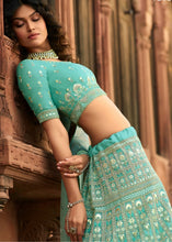 Carica l&#39;immagine nel visualizzatore Galleria,Light Turquoise Blue Organza Lehenga Choli with Zari, Dori, Resham,Gota &amp; Zarkan work