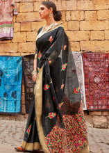 Cargar imagen en el visor de la galería, Sable Black Linen Silk Saree with Colorful Weaving work