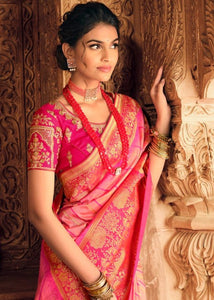 French Rose Pink Woven Banarasi Silk Saree with Embroidered Blouse