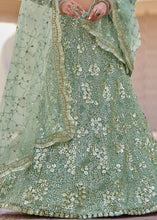 Laden Sie das Bild in den Galerie-Viewer, Frog Green Soft Net Lehenga Choli with Sequins, Thread &amp; Stone work