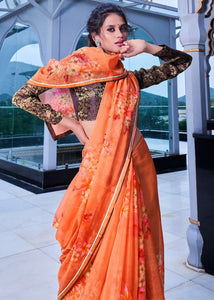 Amber Orange Floral Handprinted Organza Silk Saree