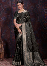 Load image into Gallery viewer, Pitch Black Zari Woven Satin Silk Saree