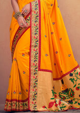 Laden Sie das Bild in den Galerie-Viewer, Bright Yellow Woven Paithani Banarasi Silk Saree with Swarovski work &amp; Embroidered Blouse