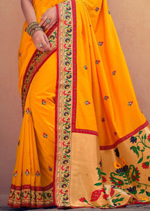 Bright Yellow Woven Paithani Banarasi Silk Saree with Swarovski work & Embroidered Blouse