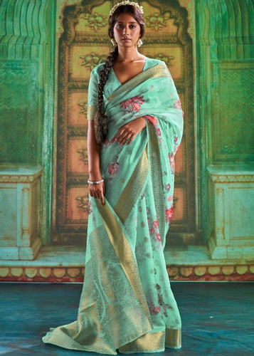 Caribbean Green Zari Woven Linen Silk Saree Having Floral Digital Print