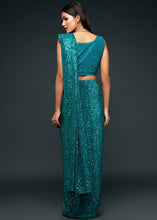 Cargar imagen en el visor de la galería, Dark Teal Blue Sequins &amp; Thread Embroidered Designer Georgette Saree