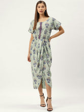 Load image into Gallery viewer, Gold Block Print Front Pleated side cowl dress