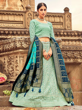 Load image into Gallery viewer, Aqua Green Georgette Lehenga Choli Having Lucknowi work and Banarasi Dupatta