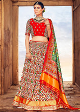 Load image into Gallery viewer, White &amp; Red Patola Printed Banarasi Silk Lehenga Choli with Embroidery Work