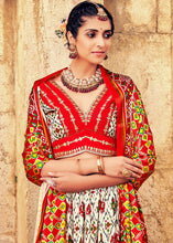 Cargar imagen en el visor de la galería, White &amp; Red Patola Printed Banarasi Silk Lehenga Choli with Embroidery Work