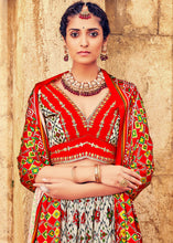 Cargar imagen en el visor de la galería, White &amp; Red Patola Printed Banarasi Silk Lehenga Choli with Embroidery Work