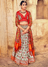 Cargar imagen en el visor de la galería, White &amp; Red Patola Printed Banarasi Silk Lehenga Choli with Embroidery Work