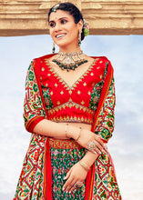 Cargar imagen en el visor de la galería, Green &amp; Red Patola Printed Banarasi Silk Lehenga Choli with Embroidery Work