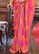Load image into Gallery viewer, Pink &amp; Orange Leheriya Printed Georgette Saree with Gota Patti work