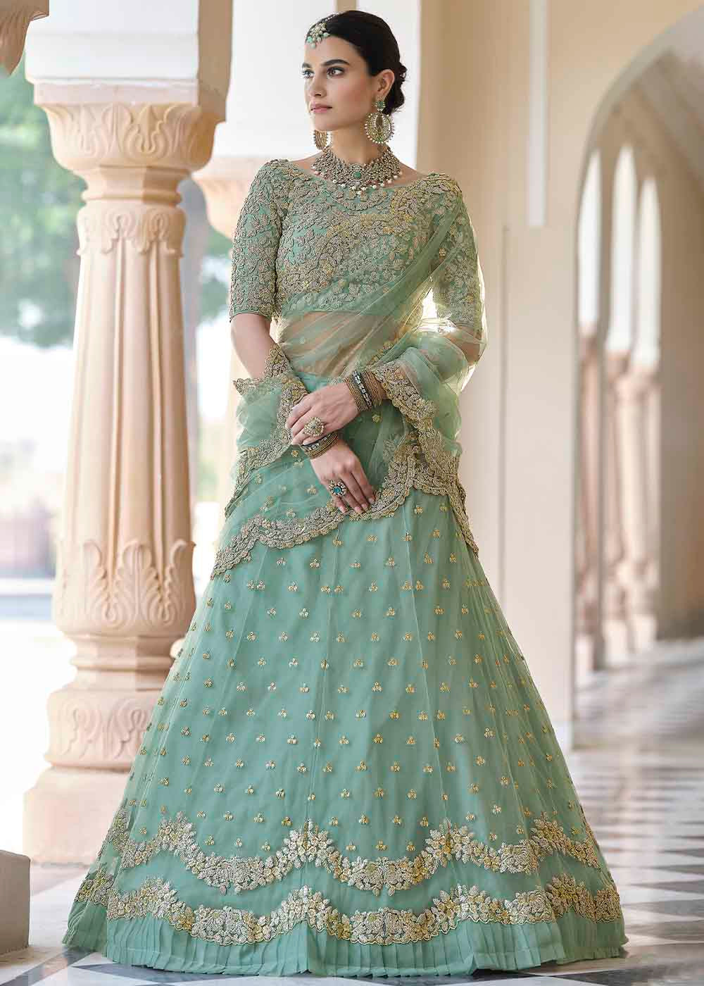 Caribbean Green Soft Net Lehenga Choli with Dori & Sequins work