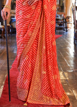 Load image into Gallery viewer, Tart Red Leheriya Printed Georgette Saree with Gota Patti work