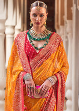Cargar imagen en el visor de la galería, Saffron Yellow Leheriya Printed Georgette Saree with Gota Patti work