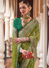 Load image into Gallery viewer, Olive Green Leheriya Printed Georgette Saree with Gota Patti work