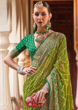 Load image into Gallery viewer, Olive Green Leheriya Printed Georgette Saree with Gota Patti work